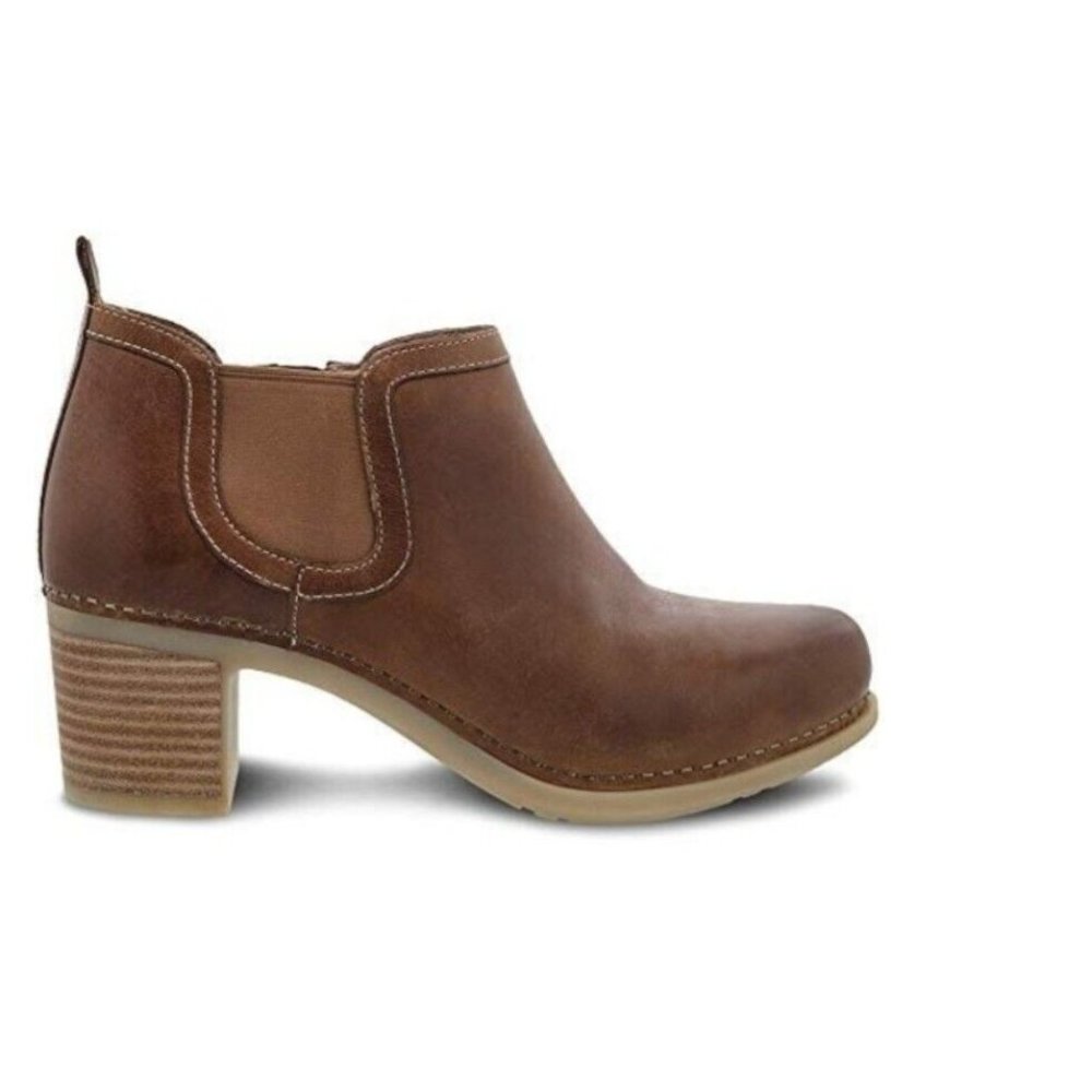 Dansko Harlene Brown Leather Zip Stacked Heels Ankle Booties - 37